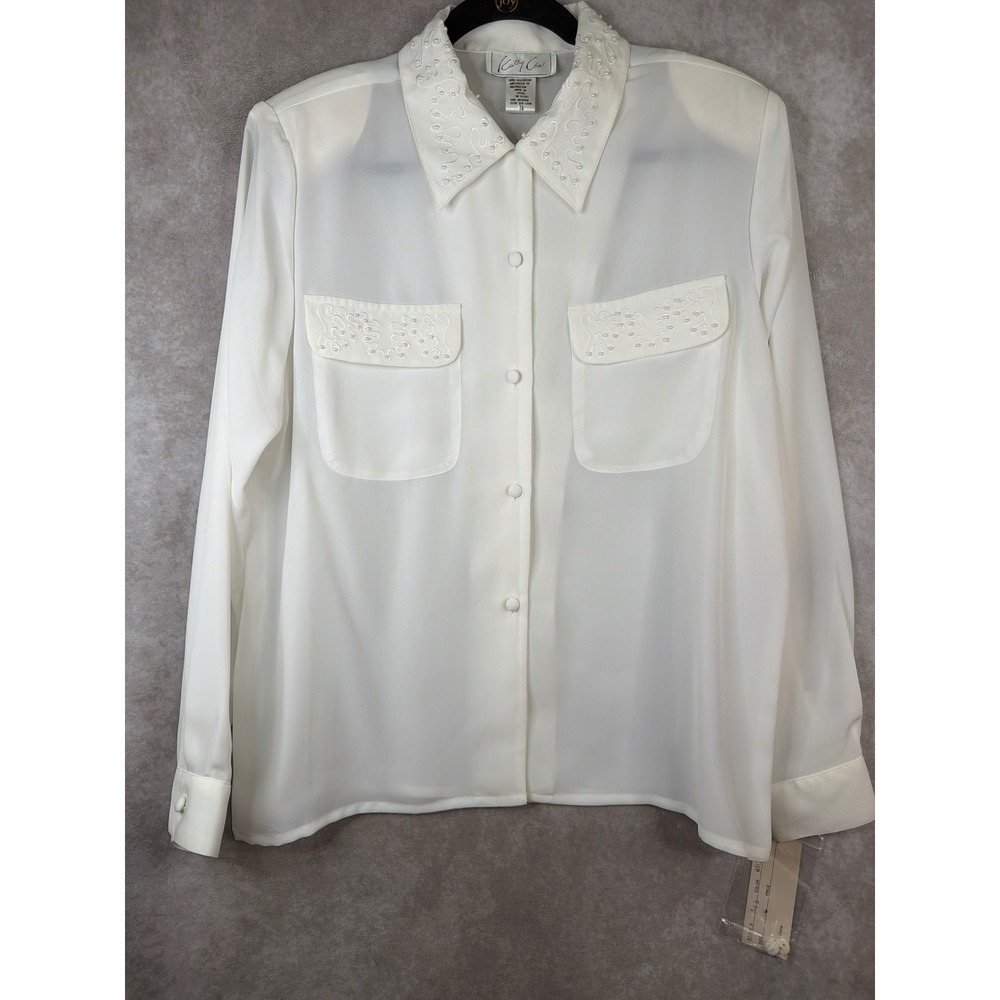 NWT VTG Kathy Che Blouse Women 14 White Embroidered Pearl Collar Button Front